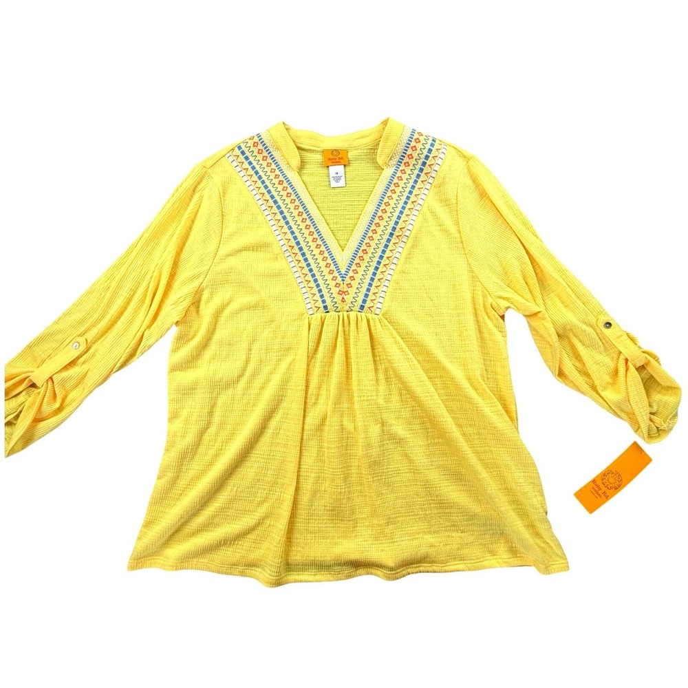 Ruby Rd Woman Yellow Embroidered V-Neck Roll Tab Top 1X NWT